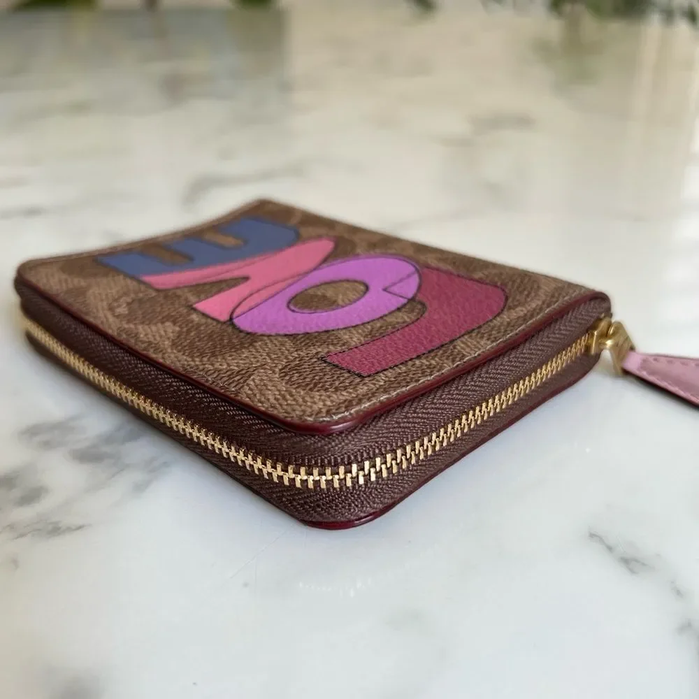 COACH Small Zip Around Wallet In Signature Canvas With Love Print 89564 Khaki